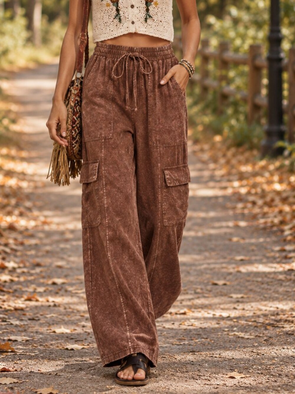 Zenana Outfitters Linen Blend Mahogany Mineral Wash Wide Leg Cargo Pants NWT
